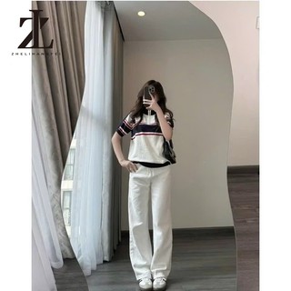 ZHELIHANGFEI Áo Len Cộc Tay Kẻ Sọc Thời Trang – Chất Len Mềm, Co Giãn, Phối Đồ Cực Đẹp Chuẩn QC