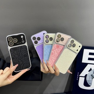 Ốp điện thoại gương bảo vệ tích hợp cửa sổ lớn cao cấp 3D hoa trà phù hợp cho iPhone 14, 15, 16, 17 Pro Max Vỏ silicon bao quy đầu đầy đủ