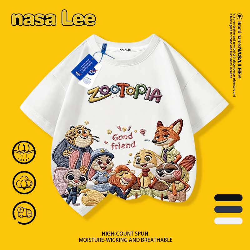 [Giao hàng trong ngày] Áo thun Cotton nguyên chất màu trắng cho trẻ em của NASA Crazy Animal City In hình 3-16 tuổi Bé trai bé gái tay ngắn thông thường