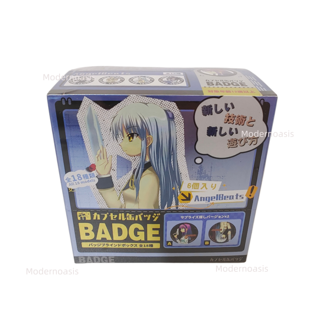 Angel Beats Anime Blind Box Huy hiệu 75mm + Bộ thẻ Mini 18 thiết kế sưu tập Merch