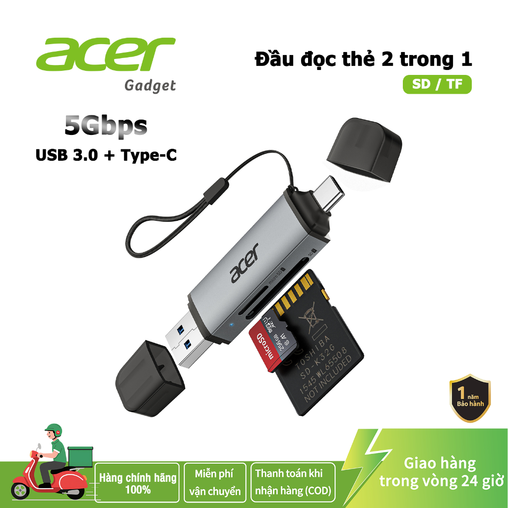 Acer Đầu đọc thẻ 2 trong 1 SD/TF OTG USB C / A Bộ chuyển đổi thẻ nhớ USB 3.0 Type C sang Micro SD Thích hợp cho điện thoại di động máy tính xách tay máy tính bảng máy tính để bàn và máy ảnh UC202