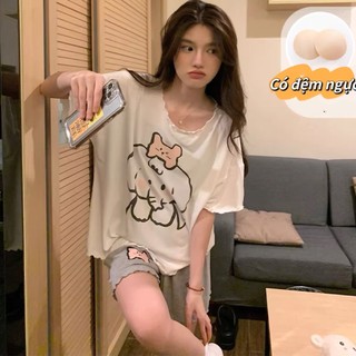 Đồ ngủ nữ sinh có miếng độn ngực | Bộ đồ ngủ mùa hè mỏng nhẹ tay ngắn quần short in hình thú ngộ nghĩnh phong cách ngọt ngào thời trang