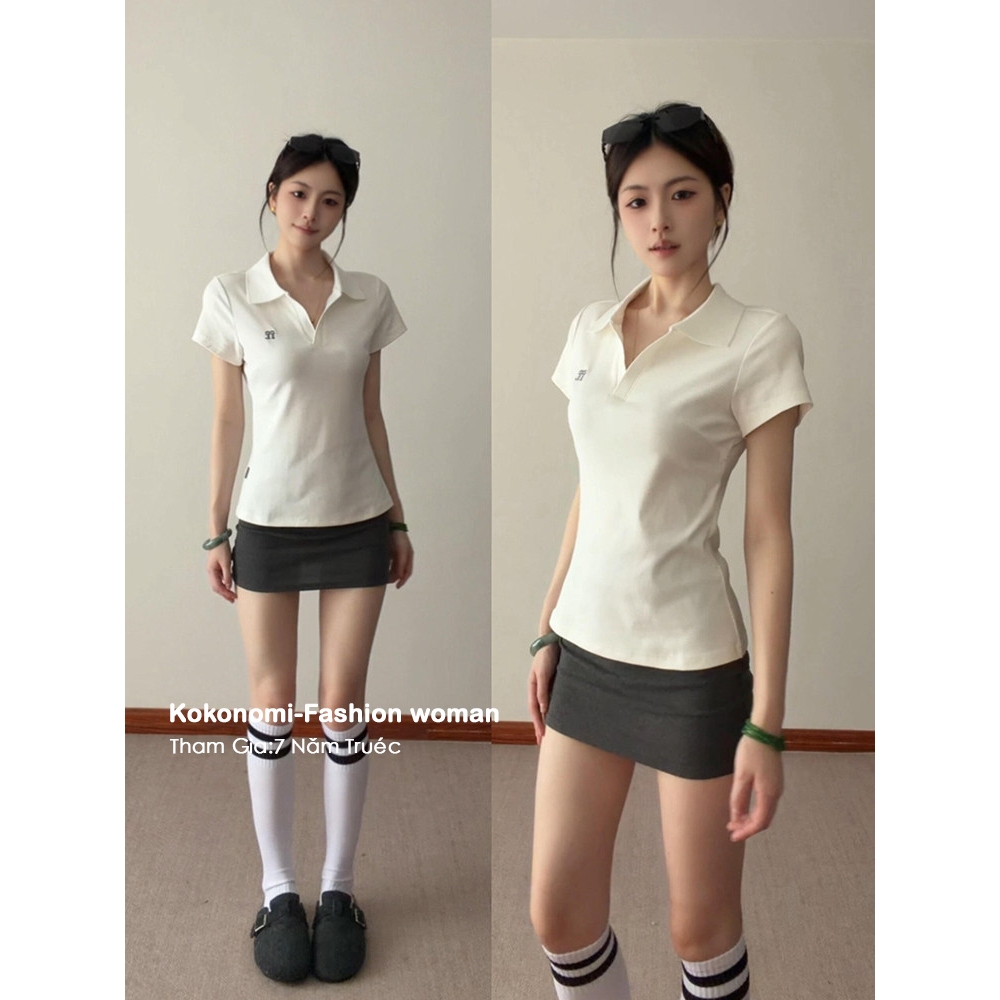 KOKONOMI Áo thun ngắn tay cổ polo thêu thiết kế dành cho nữ