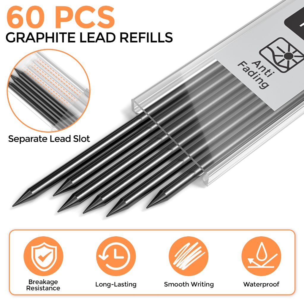 Nicpro 60 CÁI Đổ bút chì thợ mộc - Chì 2,8mm cho bút chì cơ khí, xây dựng & chế biến gỗ - Chống vỡ (Đen, Đỏ, Vàng, Xanh lá, Xanh lam, Trắng)