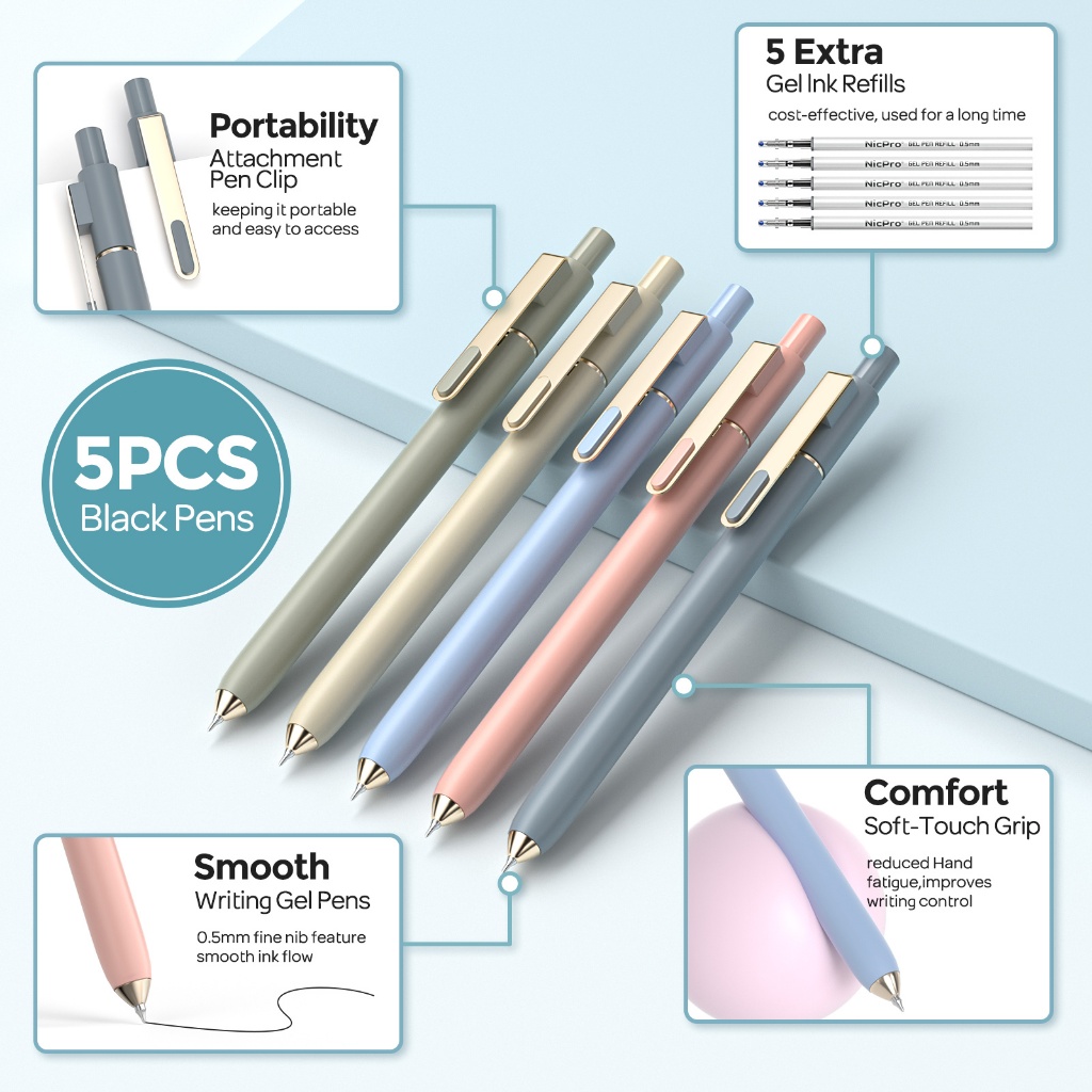 Nicpro Bộ 39 dụng cụ học tập thẩm mỹ, hộp bút dễ thương, 12 bút dạ quang Pastel, 5 bút Gel mực đen, bút chì cơ 0,5 & 0,7mm cho học sinh, sinh viên