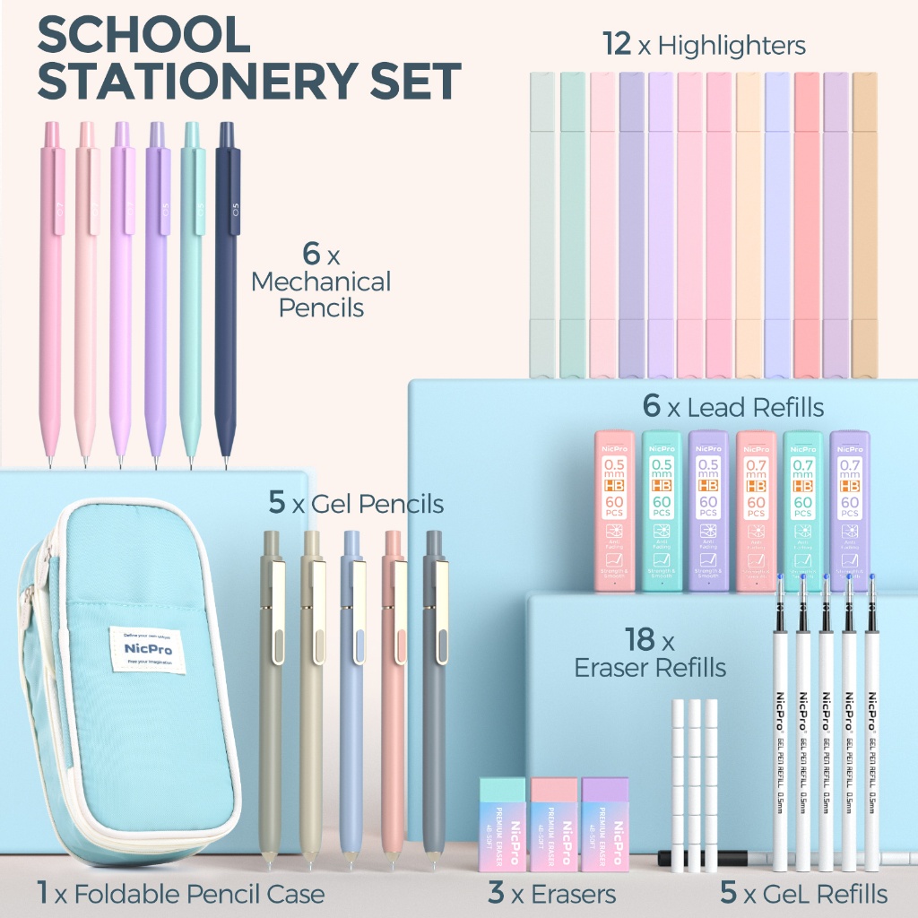 Nicpro Bộ 39 dụng cụ học tập thẩm mỹ, hộp bút dễ thương, 12 bút dạ quang Pastel, 5 bút Gel mực đen, bút chì cơ 0,5 & 0,7mm cho học sinh, sinh viên