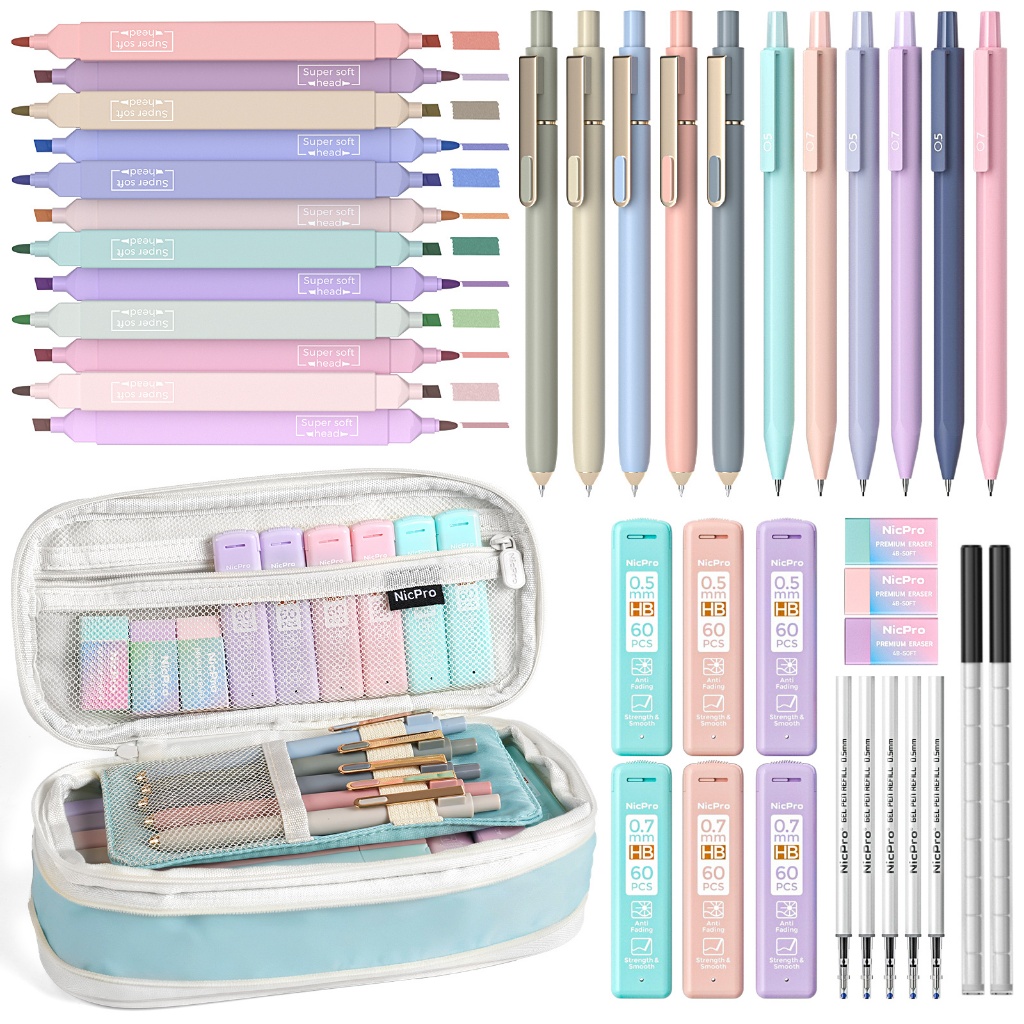 Nicpro Bộ 39 dụng cụ học tập thẩm mỹ, hộp bút dễ thương, 12 bút dạ quang Pastel, 5 bút Gel mực đen, bút chì cơ 0,5 & 0,7mm cho học sinh, sinh viên