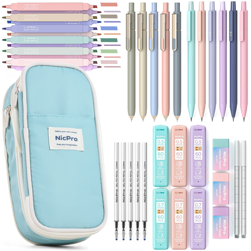 Nicpro Bộ 39 dụng cụ học tập thẩm mỹ, hộp bút dễ thương, 12 bút dạ quang Pastel, 5 bút Gel mực đen, bút chì cơ 0,5 & 0,7mm cho học sinh, sinh viên
