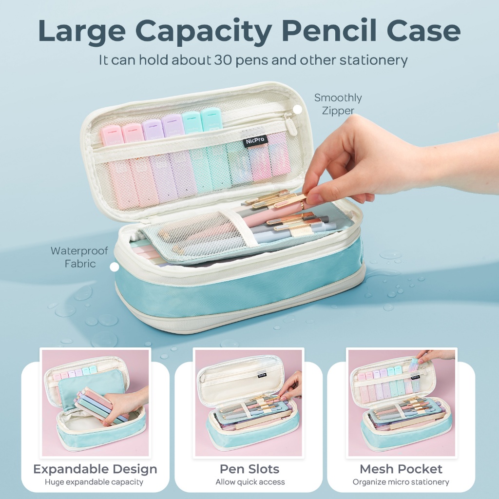 Nicpro Bộ 39 dụng cụ học tập thẩm mỹ, hộp bút dễ thương, 12 bút dạ quang Pastel, 5 bút Gel mực đen, bút chì cơ 0,5 & 0,7mm cho học sinh, sinh viên