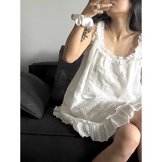 Váy ngủ yếm ngọt ngào phong cách mùa hè, màu trắng dễ thương để mặc tại nhà