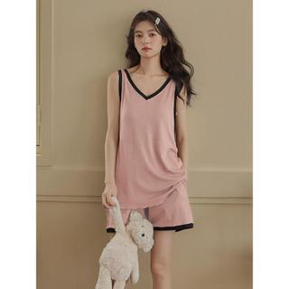 【Có độn ngực】Bộ đồ ngủ nữ chất mát lạnh cao cấp có miếng độn ngực | Đồ ngủ nhà mùa hè rộng rãi thoải mái chất liệu mát lạnh gân nổi siêu thoáng