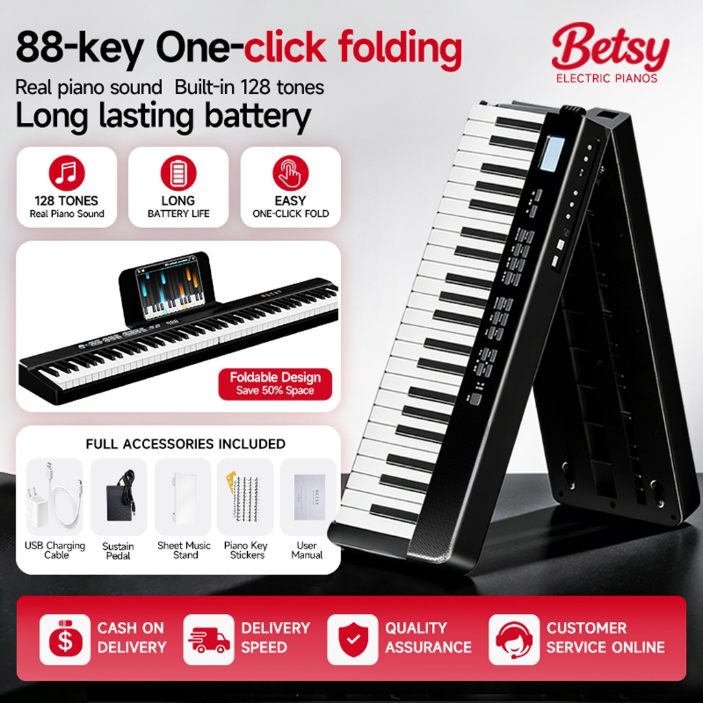 (COD Vận chuyển kho địa phương) BetsyB170 88 phím Đàn Piano điện tử có thể gập lại Âm thanh trong suốt di động dành cho người mới bắt đầu Học sinh Trẻ em Quà tặng sinh nhật ngoài trời tại nhà