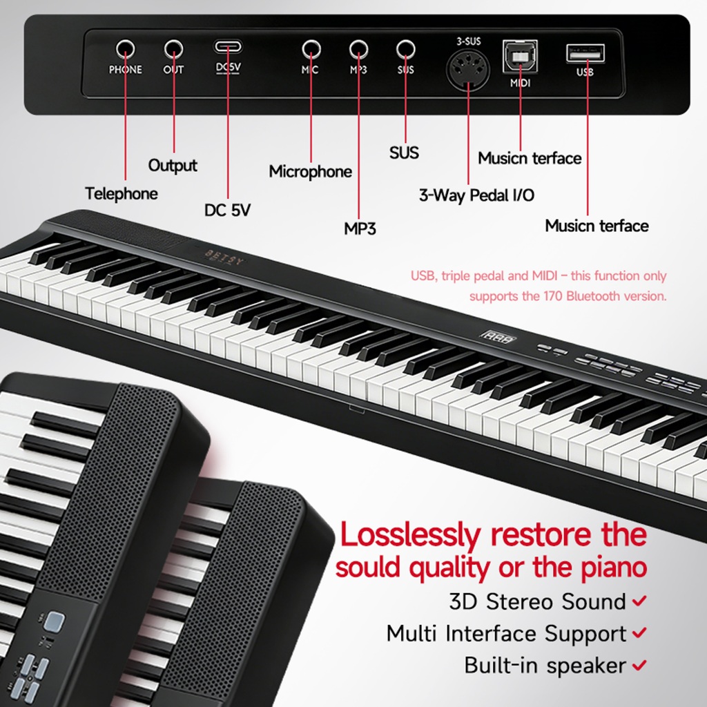 (COD Vận chuyển kho địa phương) BetsyB170 88 phím Đàn Piano điện tử có thể gập lại Âm thanh trong suốt di động dành cho người mới bắt đầu Học sinh Trẻ em Quà tặng sinh nhật ngoài trời tại nhà