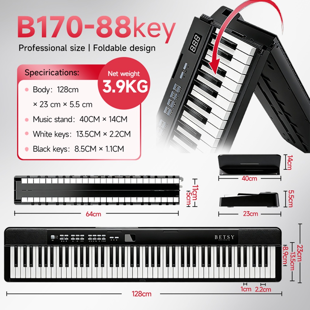 (COD Vận chuyển kho địa phương) BetsyB170 88 phím Đàn Piano điện tử có thể gập lại Âm thanh trong suốt di động dành cho người mới bắt đầu Học sinh Trẻ em Quà tặng sinh nhật ngoài trời tại nhà