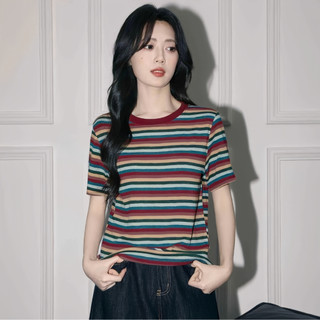Áo thun sọc nhiều màu cotton nguyên chất - Phong cách Hàn Quốc cho mùa hè