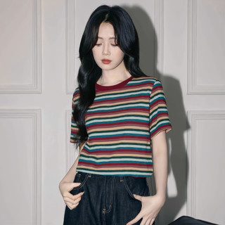 Áo thun sọc nhiều màu cotton nguyên chất - Phong cách Hàn Quốc cho mùa hè