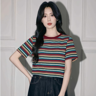 Áo thun sọc nhiều màu cotton nguyên chất - Phong cách Hàn Quốc cho mùa hè