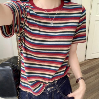 Áo thun sọc nhiều màu cotton nguyên chất - Phong cách Hàn Quốc cho mùa hè