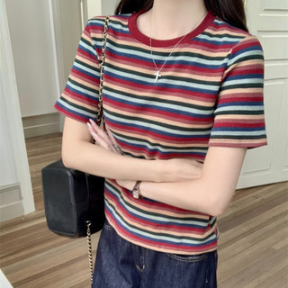 Áo thun sọc nhiều màu cotton nguyên chất - Phong cách Hàn Quốc cho mùa hè