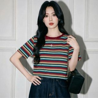 Áo thun sọc nhiều màu cotton nguyên chất - Phong cách Hàn Quốc cho mùa hè