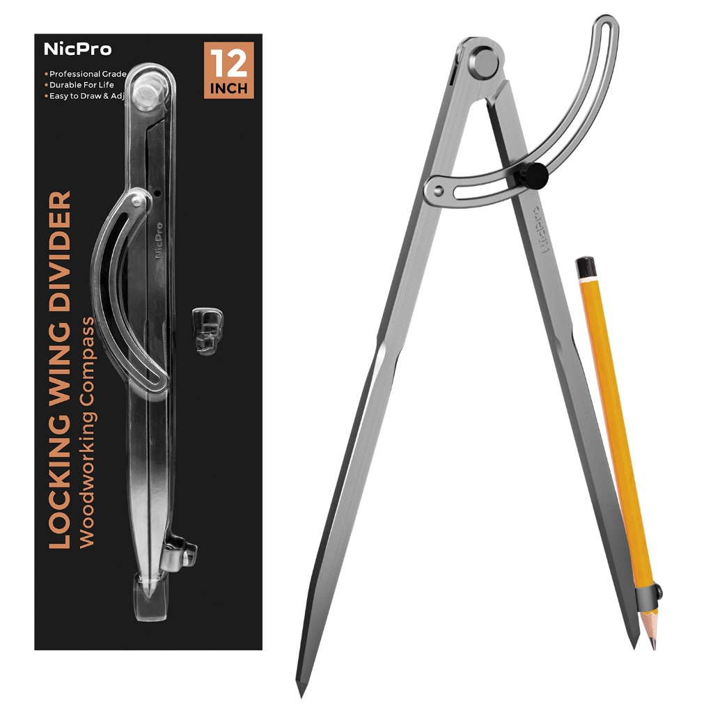 La bàn Nicpro 8 Inch để chế biến gỗ có cánh và giá đỡ bút chì, La bàn bút chì thợ mộc chuyên nghiệp Tuyệt vời cho hình học, vẽ, soạn thảo