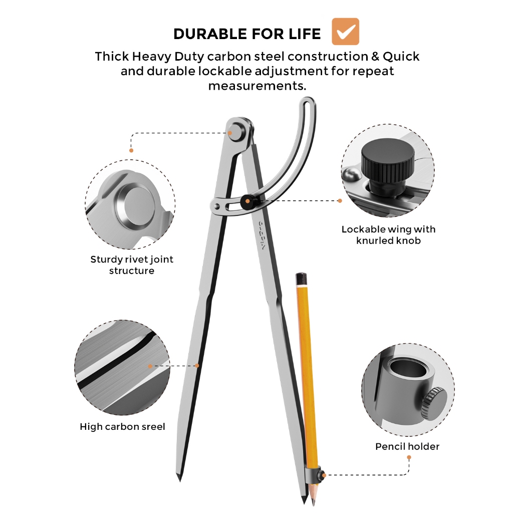 La bàn Nicpro 8 Inch để chế biến gỗ có cánh và giá đỡ bút chì, La bàn bút chì thợ mộc chuyên nghiệp Tuyệt vời cho hình học, vẽ, soạn thảo