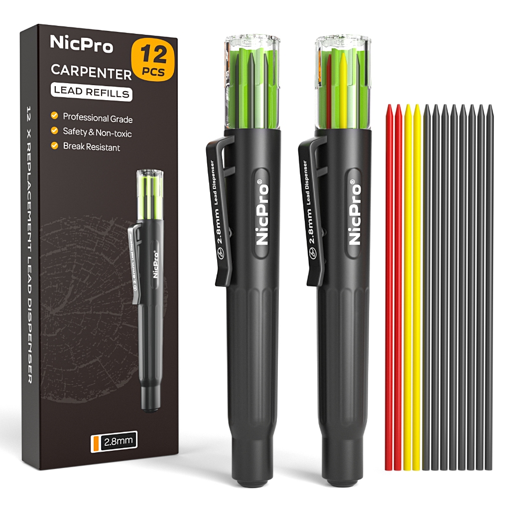Nicpro Bộ 12 Bút Thợ Mộc 2.8 mm, Ruột Thay Thế Chống Vỡ, Hộp Đựng, Dùng Cho Bút Chì Xây Dựng/Chế Biến Gỗ (Đen, Đỏ, Vàng)