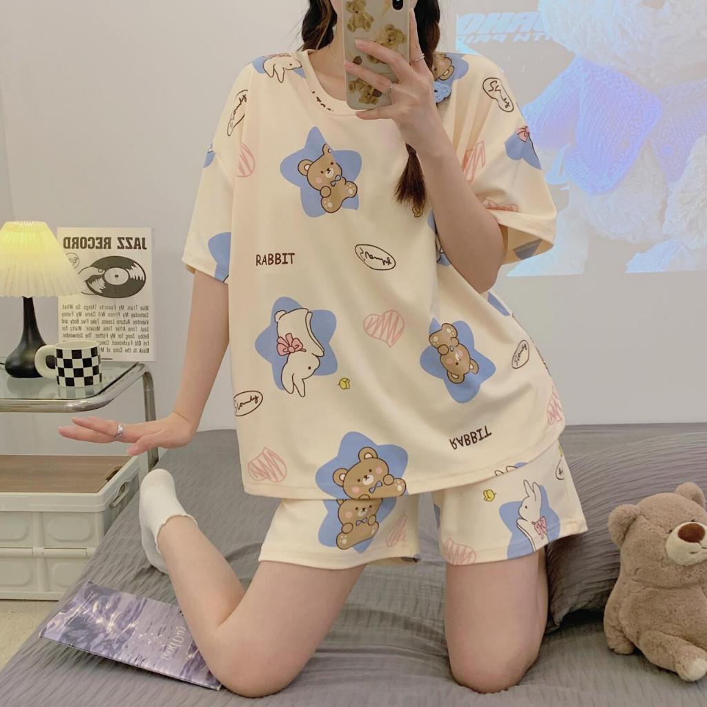 【Có độn ngực】Bộ đồ ngủ nữ mặc nhà hè dễ thương, áo thun rộng in họa tiết động vật, có miếng ngực tiện lợi kèm quần short