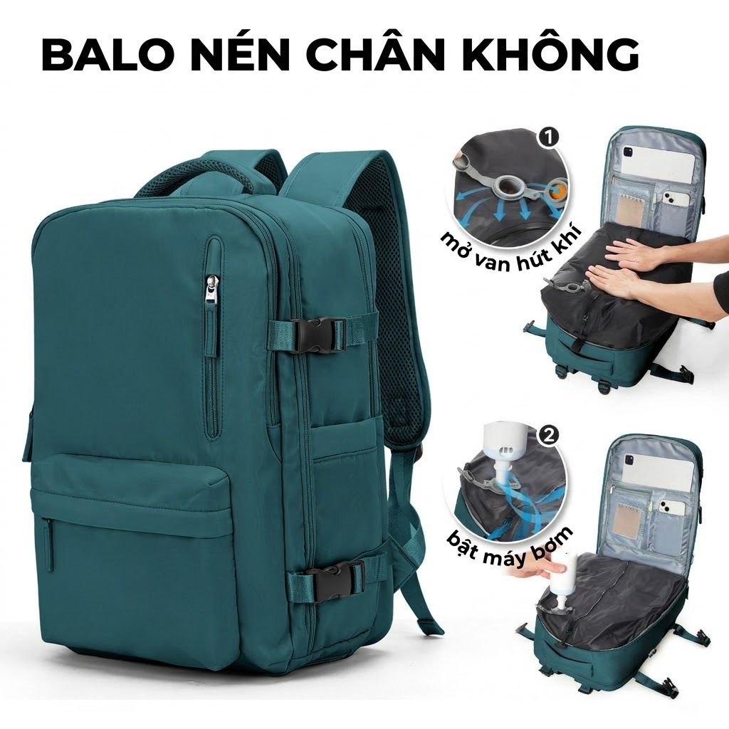 [Tặng Bơm] Balo Du Lịch Nén Chân Không - Tăng 50% Dung Tích, Chống Nước, Có Ngăn Chống Trộm Cao Cấp