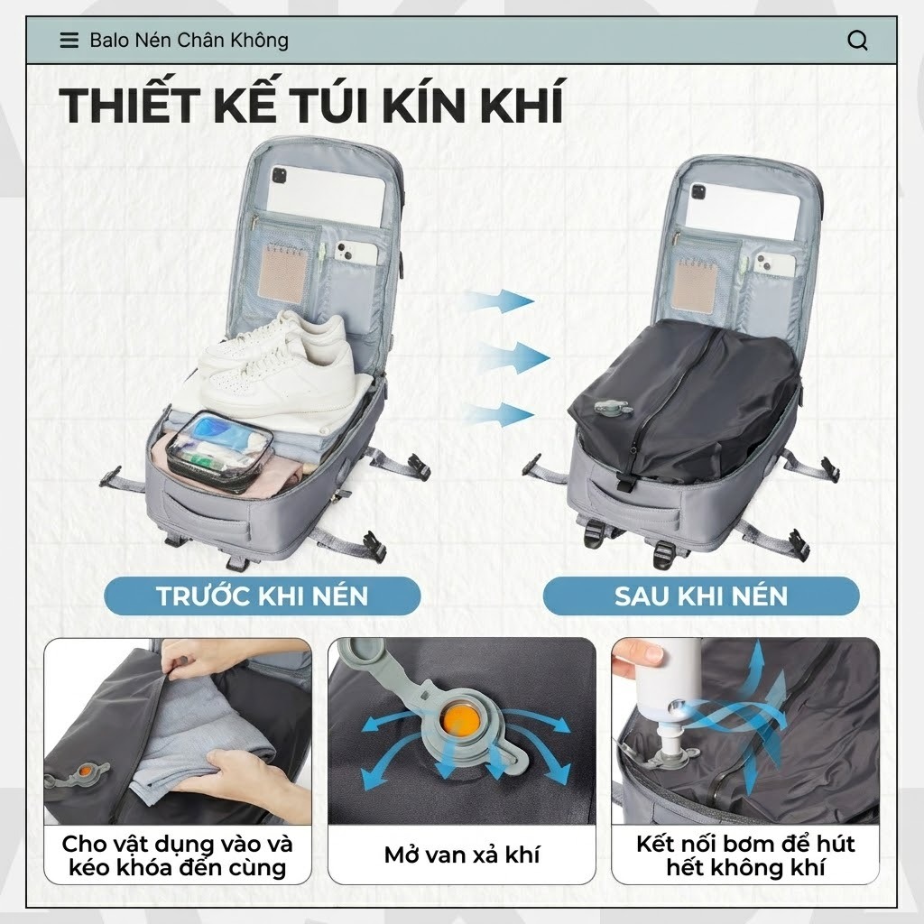 [GIAO NHANH] Ba Lô Du Lịch Nén Chân Không - Đạt Chuẩn Máy Bay | Chống Nước Cao Cấp + Tặng Máy Bơm