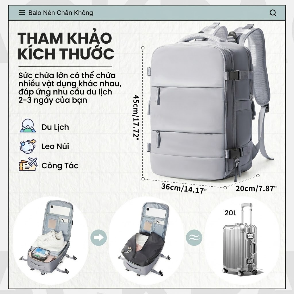 [GIAO NHANH] Ba Lô Du Lịch Nén Chân Không - Đạt Chuẩn Máy Bay | Chống Nước Cao Cấp + Tặng Máy Bơm