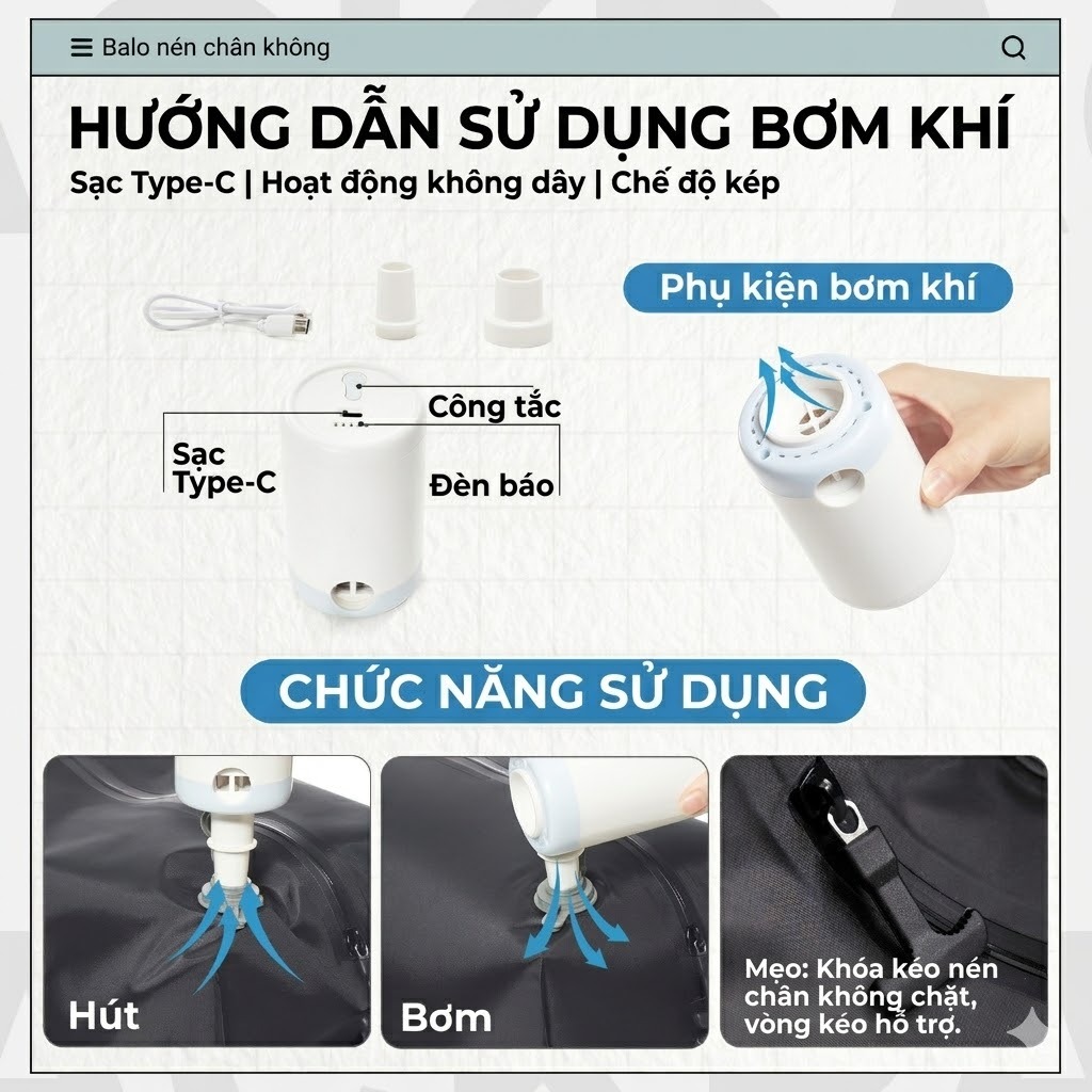 [GIAO NHANH] Ba Lô Du Lịch Nén Chân Không - Đạt Chuẩn Máy Bay | Chống Nước Cao Cấp + Tặng Máy Bơm