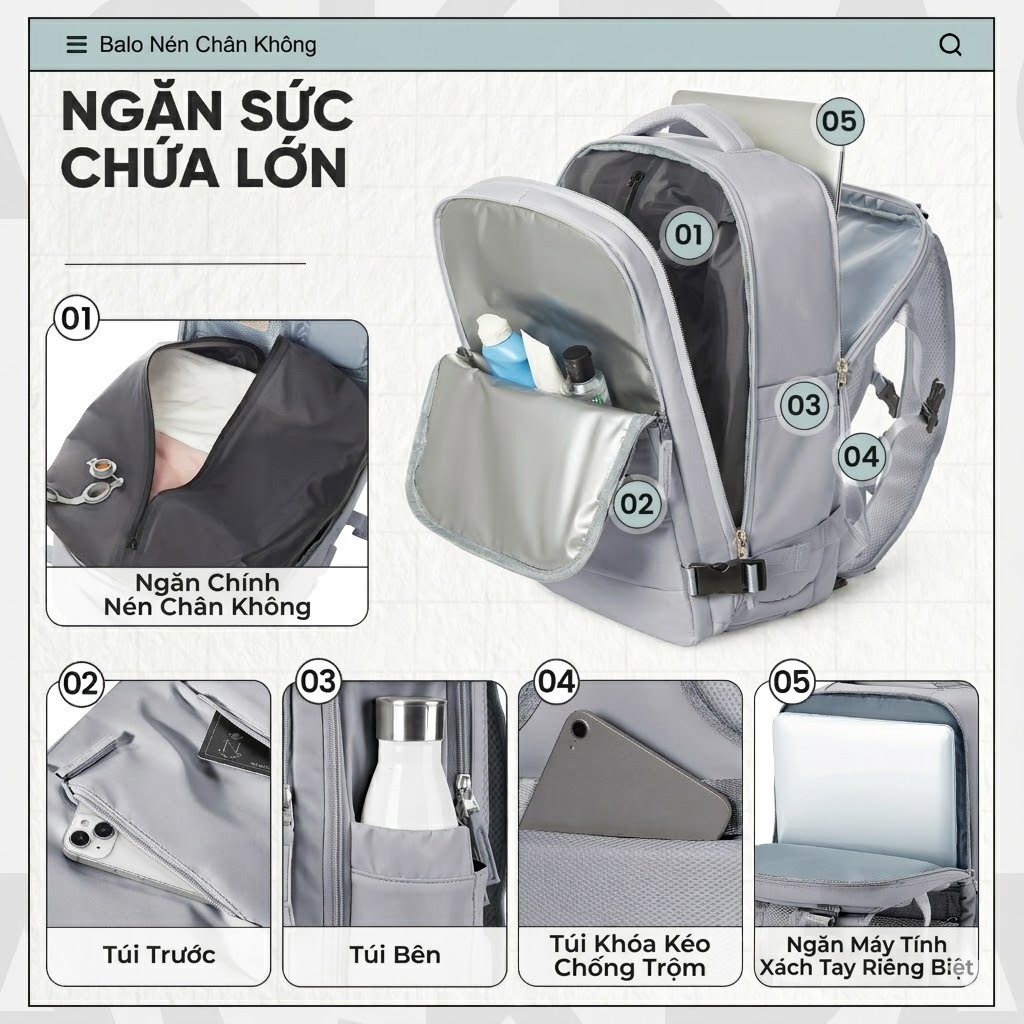 [GIAO NHANH] Ba Lô Du Lịch Nén Chân Không - Đạt Chuẩn Máy Bay | Chống Nước Cao Cấp + Tặng Máy Bơm