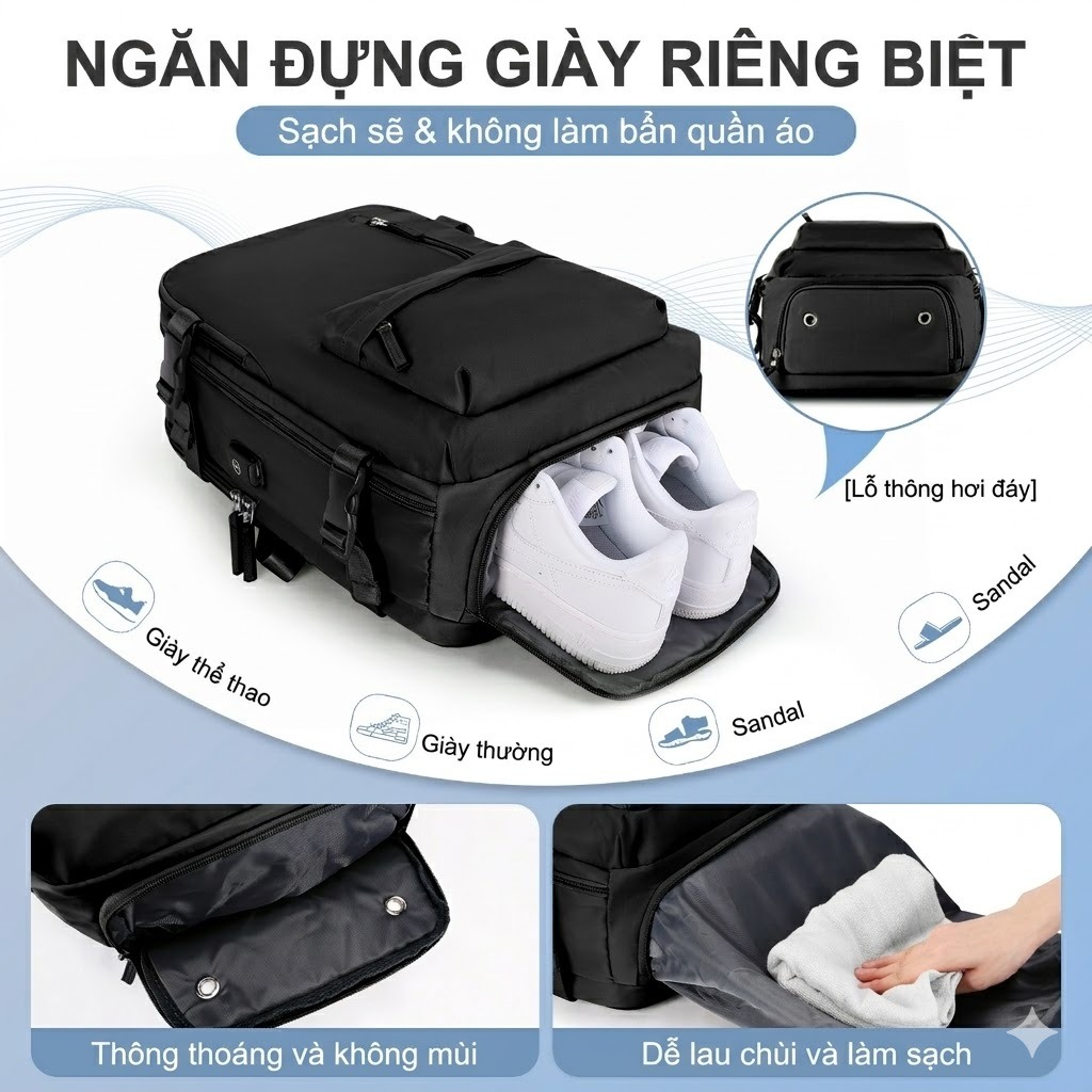 [Hàng có sẵn] Ba lô du lịch dung tích lớn có kho đựng giày độc lập và cổng sạc USB, chất lượng cao, lên máy bay