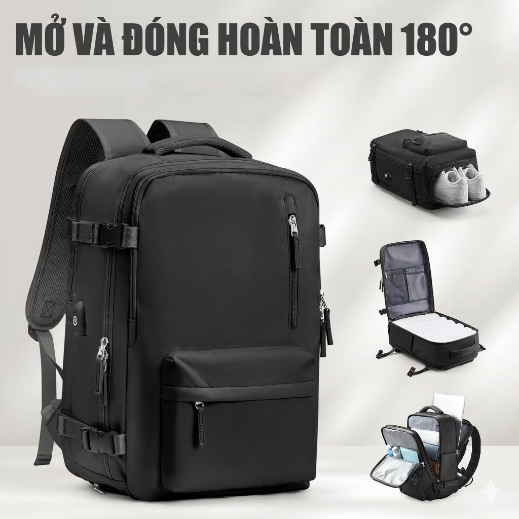 [Hàng có sẵn] Ba lô du lịch dung tích lớn có kho đựng giày độc lập và cổng sạc USB, chất lượng cao, lên máy bay