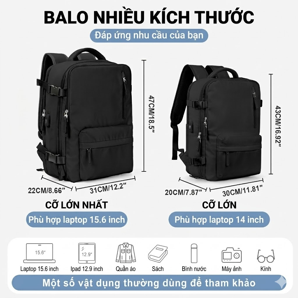 [Hàng có sẵn] Ba lô du lịch dung tích lớn có kho đựng giày độc lập và cổng sạc USB, chất lượng cao, lên máy bay