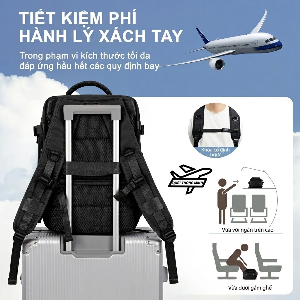 [Hàng có sẵn] Ba lô du lịch dung tích lớn có kho đựng giày độc lập và cổng sạc USB, chất lượng cao, lên máy bay