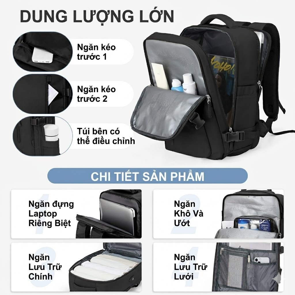 [Hàng có sẵn] Ba lô du lịch dung tích lớn có kho đựng giày độc lập và cổng sạc USB, chất lượng cao, lên máy bay