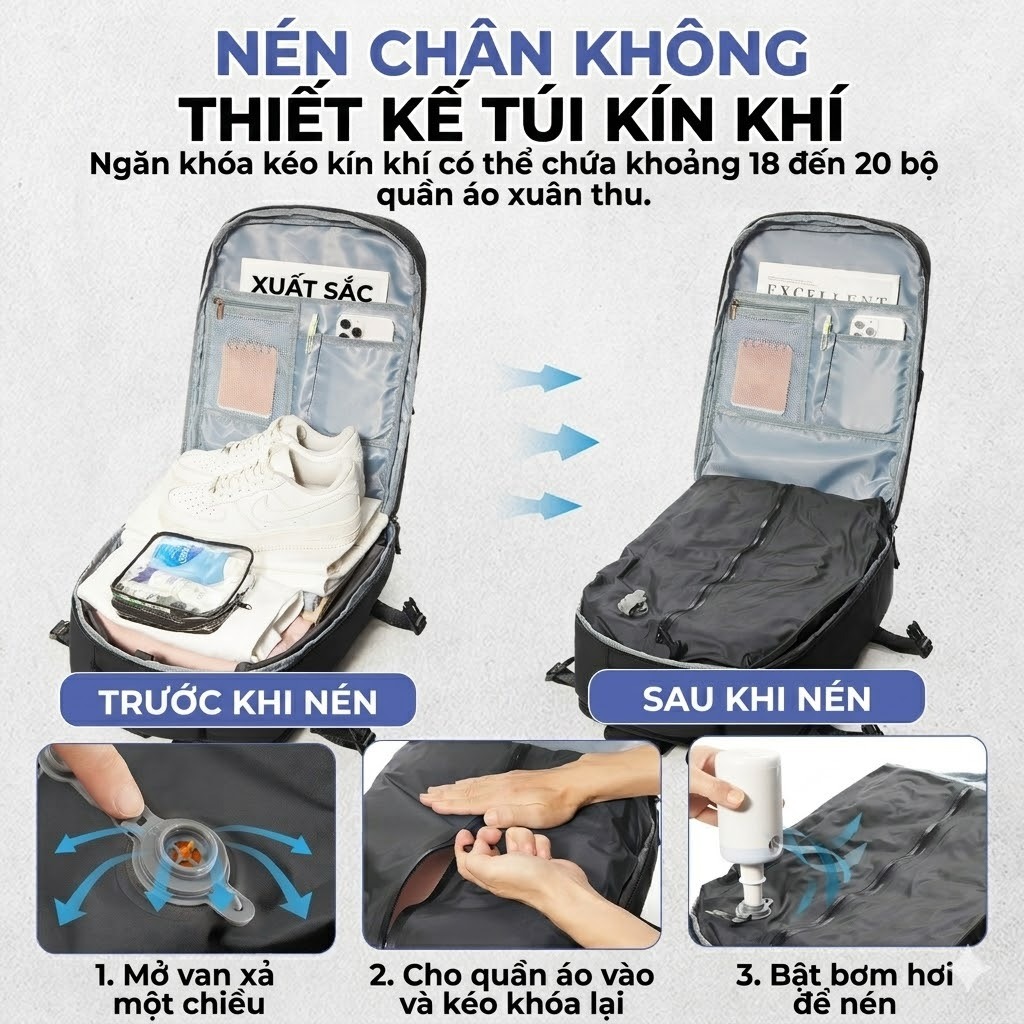 [TẶNG BƠM] Balo Du Lịch Nén Chân Không Thông Minh, Balo Laptop Chống Trộm Chống Nước, Tiết Kiệm 50% Diện Tích [MỚI]