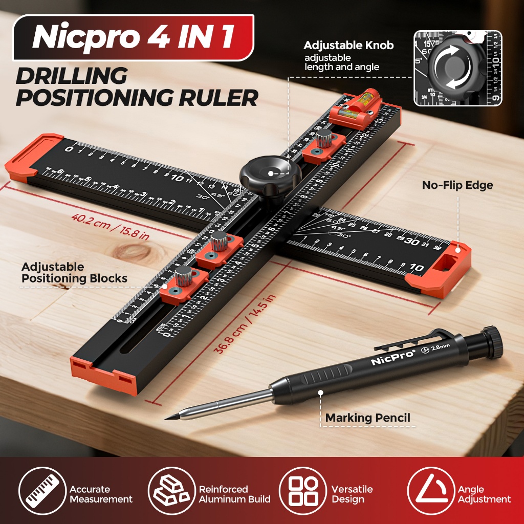 Thước đo định vị khoan 4 trong 1 Nicpro, Thước vuông T đa chức năng có thể điều chỉnh với bút chì thợ mộc, Dụng cụ vuông thợ mộc để chế biến gỗ, Lỗ cửa ngăn kéo tủ