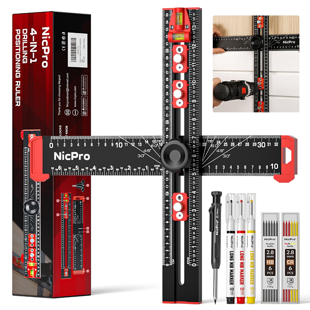 Thước đo định vị khoan 4 trong 1 Nicpro, Thước vuông T đa chức năng có thể điều chỉnh với bút chì thợ mộc, Dụng cụ vuông thợ mộc để chế biến gỗ, Lỗ cửa ngăn kéo tủ