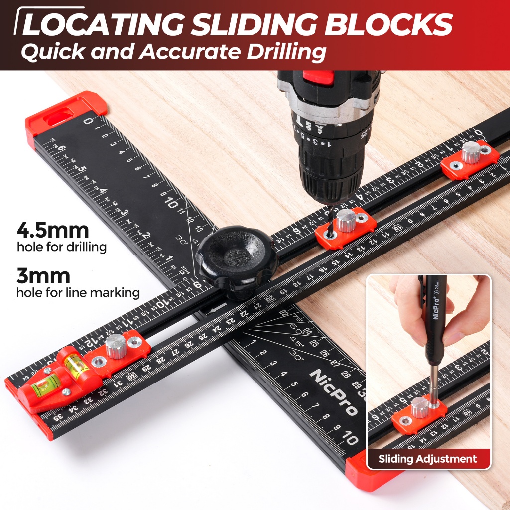 Thước đo định vị khoan 4 trong 1 Nicpro, Thước vuông T đa chức năng có thể điều chỉnh với bút chì thợ mộc, Dụng cụ vuông thợ mộc để chế biến gỗ, Lỗ cửa ngăn kéo tủ