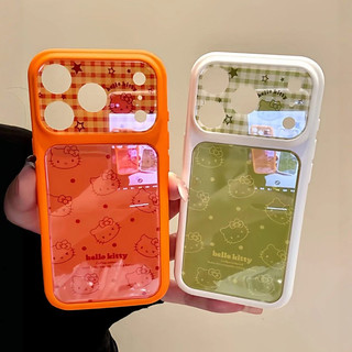 Bảo vệ toàn bộ ống kính Vỏ điện thoại kẻ sọc màu kẹo Hellokitty cho iPhone 17Promax 17Pro 15 16 Pro Max Vỏ Acrylic mạ điện chống sốc cho nữ