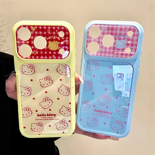 Bảo vệ toàn bộ ống kính Vỏ điện thoại kẻ sọc màu kẹo Hellokitty cho iPhone 17Promax 17Pro 15 16 Pro Max Vỏ Acrylic mạ điện chống sốc cho nữ