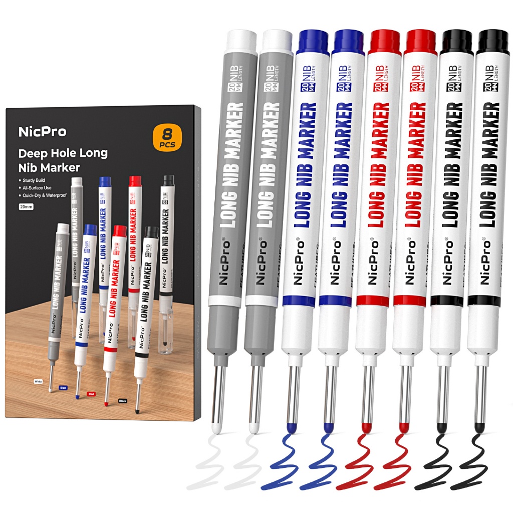 Nicpro 8 Bút Đánh Dấu Nib Dài, Bút Đánh Dấu Lỗ Sâu 20 Mm, Bút Đánh Dấu Xây Dựng Nhanh Khô & Chống Thấm Nước, Bút Đánh Dấu Đầu Dài Cho Kim Loại, Thép, Ngói, Thủy Tinh, Bút Đánh Dấu Thợ Mộc