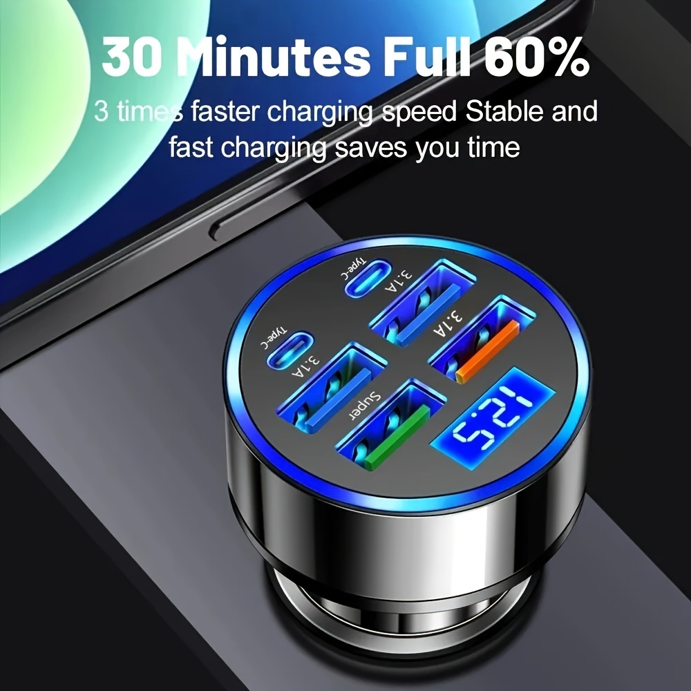 Bộ sạc ô tô 6 cổng Sạc nhanh QC3.0 Bộ chuyển đổi đa chức năng sạc nhanh PD có màn hình Ổ cắm chiếu sáng xung quanh Phụ kiện ô tô