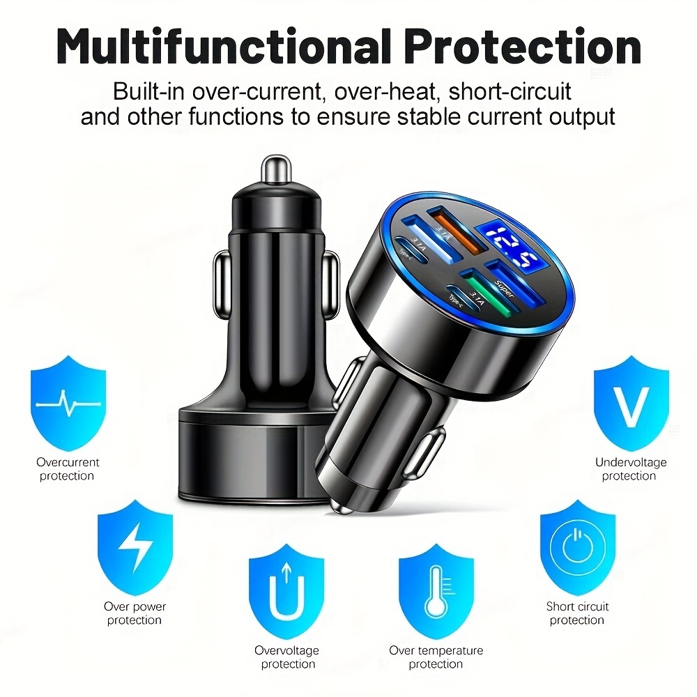 Bộ sạc ô tô 6 cổng Sạc nhanh QC3.0 Bộ chuyển đổi đa chức năng sạc nhanh PD có màn hình Ổ cắm chiếu sáng xung quanh Phụ kiện ô tô