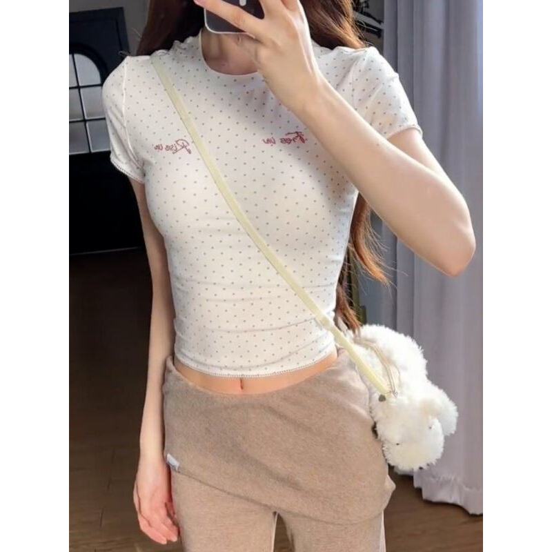 [BANKO] Áo sơ mi nữ mùa hè, form slimmer, họa tiết chấm bi, cổ tròn tay ngắn