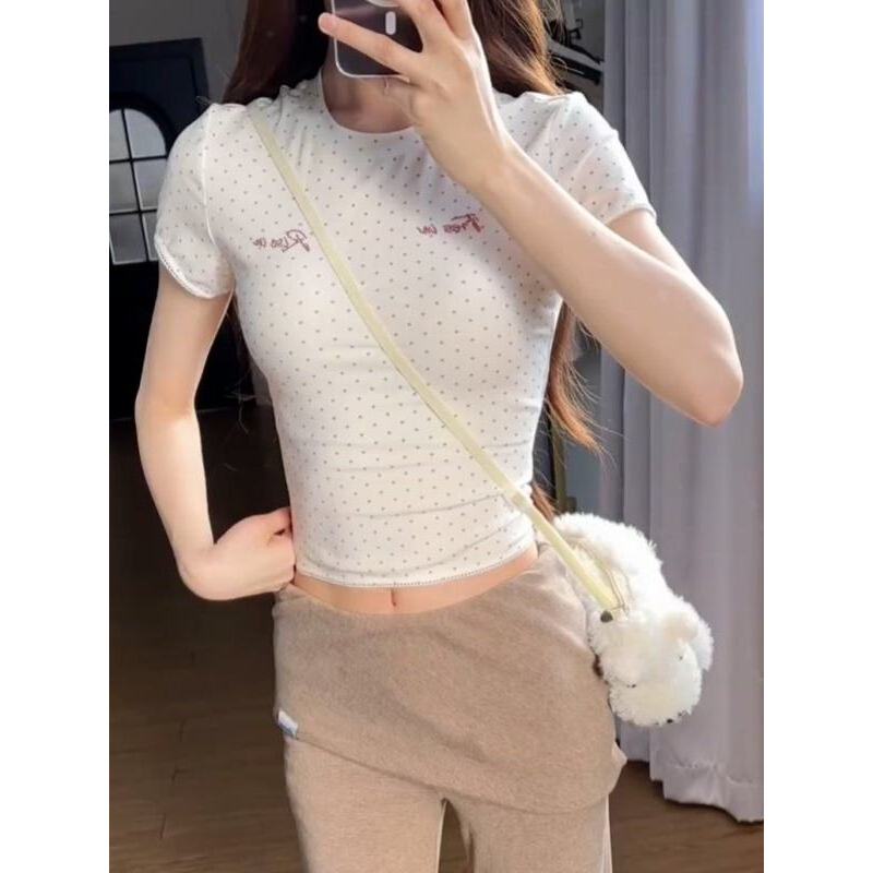 [BANKO] Áo sơ mi nữ mùa hè, form slimmer, họa tiết chấm bi, cổ tròn tay ngắn