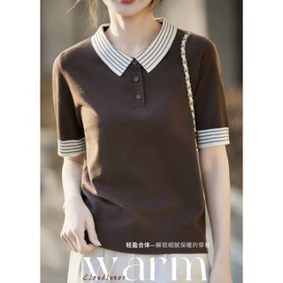 Polo polo Cổ Áo Len Sọc Tay Ngắn Nữ Mùa Hè Màu Cà Phê Áo Thun Mỏng Chui Đầu Đi Lại Đơn Giản Top